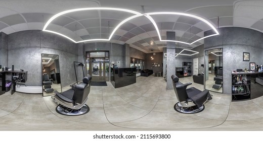 MINSK, BELARUS - APRIL, 2021: Full Seamless Hdri 360 Panorama In Interior Prestige Modern Beauty Studio Salon Or Barbershop In Equirectangular Spherical Projection For Vr Ar Content