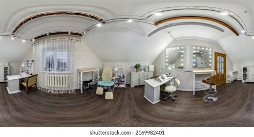 MINSK, BELARUS - APRIL, 2021: Full Seamless Hdr 360 Panorama In Interior Prestige Modern Beauty Spa Studio Salon Or Barbershop In Equirectangular Spherical Projection For Vr Ar Content