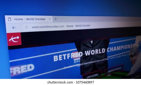 Minsk, Belarus - April 23, 2018: The homepage of the official website for The Betfred World Snooker Championship, the leading snooker tournament both in terms of prestige and prize money