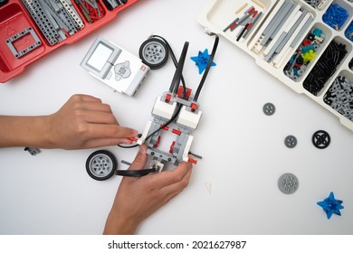 Minsk, Belarus. August, 2021.  Robotic Car. Robot Lego Mindstorms EV3. STEM And STEAM Education. Technology And Programming Robotics. 