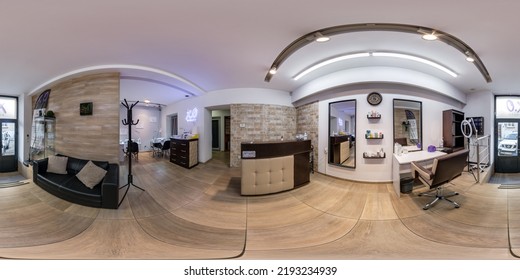 MINSK, BELARUS - AUGUST, 2022: Full Seamless Hdri 360 Panorama In Interior Prestige Modern Beauty Pedicure And Manicure Salon Studio In Equirectangular Spherical Projection For Vr Ar Content