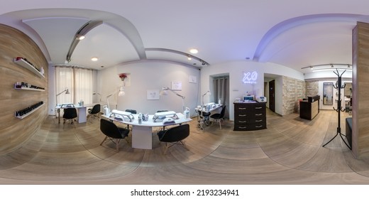 MINSK, BELARUS - AUGUST, 2022: Full Seamless Hdri 360 Panorama In Interior Prestige Modern Beauty Pedicure And Manicure Salon Studio In Equirectangular Spherical Projection For Vr Ar Content