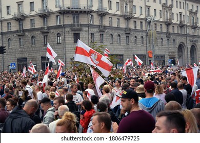 Minsk, Belarus - August 23, 2020: Peaceful protests on Niezaliežnasci street in Minsk about the latest Belarus election result. People rallying and marching towards Independence Avenue.