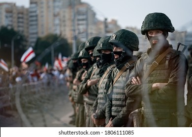 MINSK, BELARUS - August 30, 2020: Peaceful Protest In Minsk. Riot Police Blocking The Road For Protesters                                