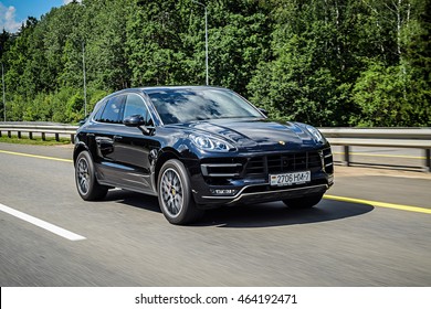 MINSK, BELARUS - AUGUST 5, 2016: Porsche Macan Turbo at the test-drive. Porsche Macan takes sporty style and performance from the racetrack and inject it into everyday driving.