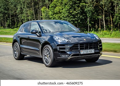 MINSK, BELARUS - AUGUST 5, 2016: Porsche Macan Turbo at the test-drive. Porsche Macan takes sporty style and performance from the racetrack and inject it into everyday driving.