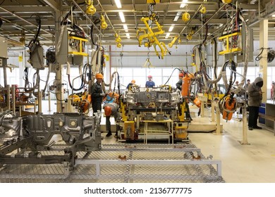 Minsk, Belarus - Dec 15, 2021: Photo Of Automobile Production Line. Welding Car Body. Modern Car Assembly Plant. Auto Industry