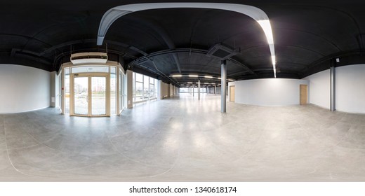 MINSK, BELARUS - DECEMBER 2019: Empty room without repair. full seamless spherical hdri panorama 360 degrees in interior white loft room for office with panoramic windows in equirectangular projection