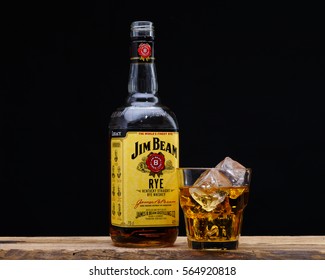 MINSK, BELARUS - DECEMBER 6, 2016: Bottle and glass Jim Beam is one of best selling brands of bourbon in the world, produced by Beam Inc. in Clermont, Kentucky