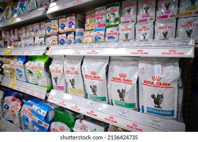 Minsk, Belarus. Feb 2022. Pet Food Royal Canin On Display At Pet Store. Dog And Cat Food Products At Supermarket Shelf. Dry And Wet Cat And Dog Food Aisle At Pet Supply Shop
