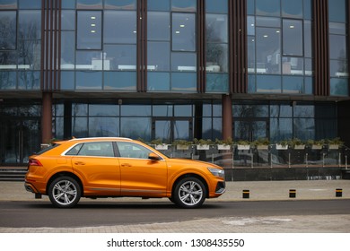 MINSK, BELARUS FEBRUARY 07, 2019: Audi Q8 at the test drive event for automotive journalists from Minsk