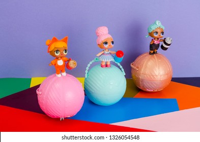 Minsk, Belarus - February 14, 2019: Cute Little L.O.L. Surprise Dolls On Balls. LOL - Lil Outrageous Littles Surprise Toy From MGA Entertainment, Also Create Toys: Lalaloopsy, Num-Noms