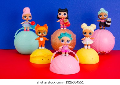 Minsk, Belarus - February 14, 2019: Cute Little L.O.L. Surprise Dolls On Balls. LOL - Lil Outrageous Littles Surprise Toy From MGA Entertainment, Also Create Toys: Lalaloopsy, Num-Noms