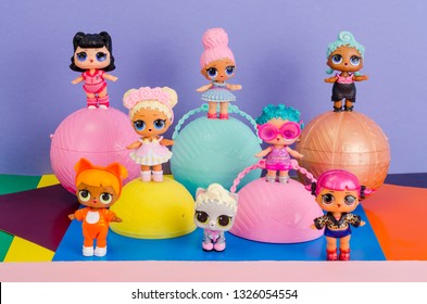 Minsk, Belarus - February 14, 2019: Cute Little L.O.L. Surprise Dolls On Balls. LOL - Lil Outrageous Littles Surprise Toy From MGA Entertainment, Also Create Toys: Lalaloopsy, Num-Noms