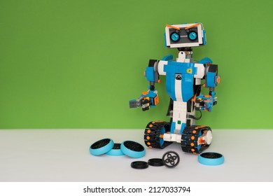 Minsk, Belarus. February, 2022.  Lego Robot Background. STEM And STEAM Education. AI. DIY. Education Robot For School And Kids.