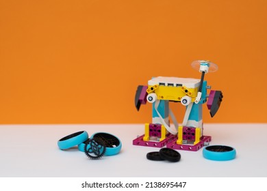 Minsk, Belarus. February, 2022.  Lego Robot Background. STEM And STEAM Education. AI. DIY. Education Robot For School And Kids.