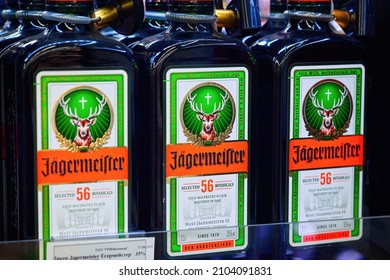 Minsk, Belarus. Jan 2022. Jagermeister - German Herb Liquor At The Grocery Store. Bottles Of Alcoholic Drink. Liqour Bottles Close Up, Selective Focus.