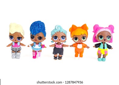 Minsk, Belarus - January 16, 2019: Cute little L.O.L. Surprise dolls with dark skin on balls. LOL - Lil Outrageous Littles surprise toy from MGA Entertainment, also create toys: Lalaloopsy, Num-Noms