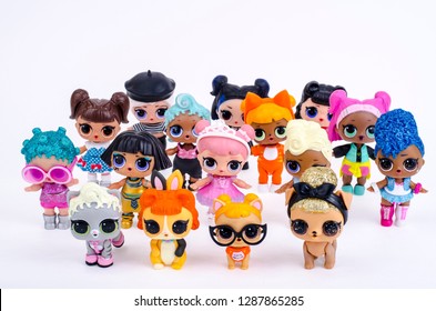 Minsk, Belarus - January 16, 2019: Many different little L.O.L. on a white background. Surprise dolls. LOL - Lil Outrageous Littles surprise toy from MGA Entertainment, also create toys: Lalaloopsy