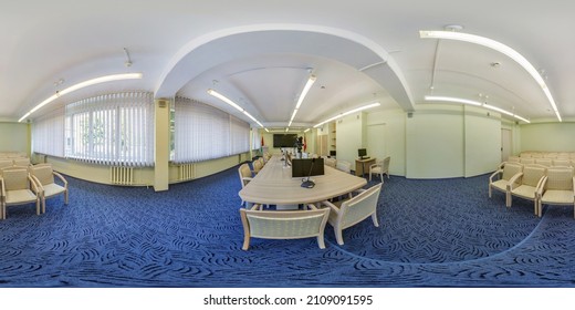 MINSK, BELARUS - JANUARY 2021: 360 Hdr Panorama Interior Modern Conference Hall In Full Spherical 360 By 180 Degrees Equirectangular Projection. VR Content