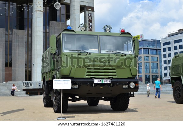 MINSK, BELARUS. JUL 27, 2019: MZKT-500200 4x4 new\
generation of transport vehicles. Chassis provide new level of\
mobility and cost-effectiveness for military, peace-keeping and\
rescue units. 