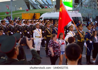 Minsk, Belarus – July 1, 2019:   Rehearsal Of The Parade For The Independence Day Of The Of Belarus. The Participation Of Chinese Troops In A Military Parade.