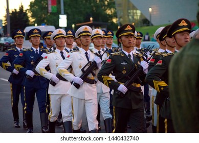 Minsk, Belarus – July 1, 2019:   Rehearsal Of The Parade For The Independence Day Of The Of Belarus. The Participation Of Chinese Troops In A Military Parade.