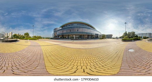 MINSK, BELARUS - JULY 2017: Full Seamless Spherical Hdri Panorama 360 Near Modern Building Of Stadium  Of Sports Complex In Equirectangular  Projection, VR AR Content