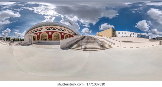 MINSK, BELARUS - JULY 2020: Full Seamless Spherical Hdri Panorama 360 Near Modern Building Of Stadium And Big Stairs Of  Sports Complex In Equirectangular  Projection, VR AR Content