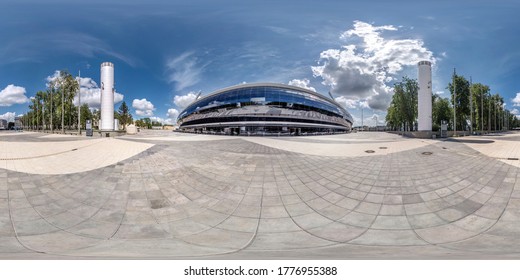 MINSK, BELARUS - JULY 2020: Full Seamless Spherical Hdri Panorama 360 Near Modern Building Of Stadium  Of Sports Complex In Equirectangular  Projection, VR AR Content