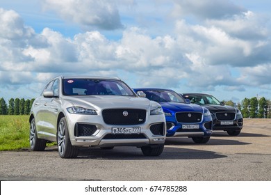 MINSK, BELARUS - JULY 7, 2017: Three Jaguar F-Pace Parked On A Handling Track Before Test Drives. The Jaguar F?Pace Is A Performance SUV That Combines Maximum Driving Exhilaration With Efficiency. 