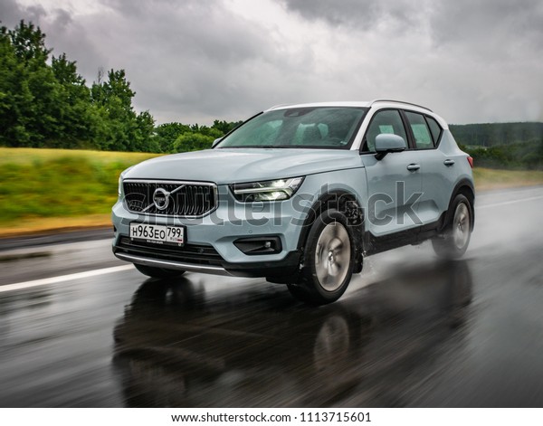 Minsk, Belarus - June 15, 2018: Volvo XC40 drives\
on a highway during rainy summer day. Volvo XC40 is the first\
subcompact SUV by Volvo. Under the bonnet of this T5 AWD model is a\
2.0 turbo engine.