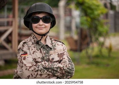 Minsk, Belarus - June 24, 2017.  Portrait Of The Boy In German Soldier Uniform.