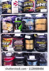 Minsk, Belarus - June 27, 2018: Sports Protein Nutrition On Store Shelves Of Various Manufacturers.