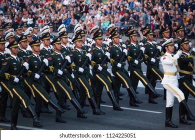 Minsk / Belarus - June 28, 2018 General Rehearsal Of The Military Parade In Belarus. Chinese Soldiers Marching Along The Avenue