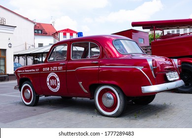 MINSK, BELARUS - June 29 2020: vintage soviet car of red color, restored sample.