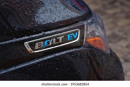 Minsk, Belarus. Mar 2021. Chevrolet Bolt EV Car Logo With Rain Drops, Electric Car. Wet Logo And Sign Chevrolet Bolt EV Electric Car. 