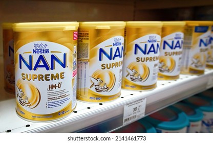 Minsk, Belarus. Mar 2022. Infant Milk Powder NAN SUPREME Baby Formula Produced By Nestle On Store Shelf. NAN Nutritionally Complete For Healthy Infants From Birth. Baby Products Displayed On Shelf
