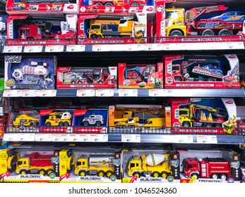 Minsk, Belarus - March 13, 2018: Shelvings With Assortment Of Children Toys (machines, Construction Machinery) In The Mall. 