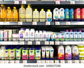 Minsk, Belarus - March 13, 2018: Shelves In The Store With Cosmetic Care Products For Baby Of Various Manufacturers.