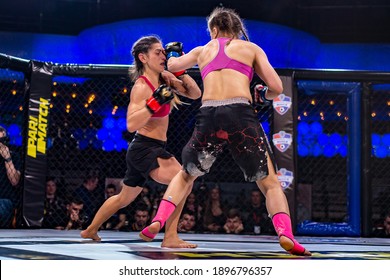 Minsk, Belarus, March 14, 2020. New Fighting Generation, Mixed Martial Arts. Mma, The Girls Are Fighting In The Ring, In The Octagon