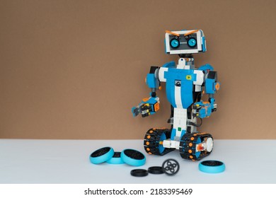 Minsk, Belarus. March, 2022.  Lego Robot Background. STEM And STEAM Education. AI. DIY. Education Robot For School And Kids.