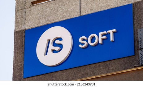 Minsk, Belarus - March 25, 2022: Sign with the logo of ISsoft, an IT solutions developer company Subsidiary of Coherent Solutions Corporation
