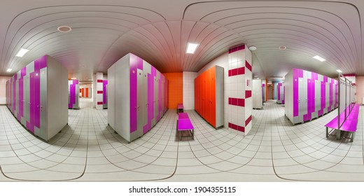 MINSK, BELARUS - MAY, 2017: full seamless spherical hdri panorama 360 angle view in modern locker room wardrobe in elite sport complexin  equirectangular projection. skybox vr ar content