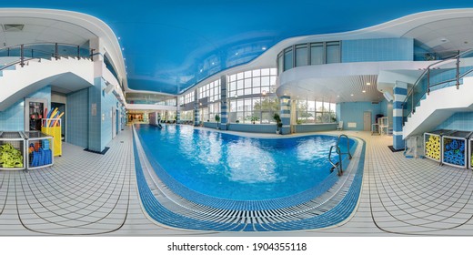 MINSK, BELARUS - MAY, 2017: Full Seamless Spherical Hdri Panorama 360 Angle View In Interior Of Modern Swimming Pool In Elite Sport Center In Equirectangular Projection.