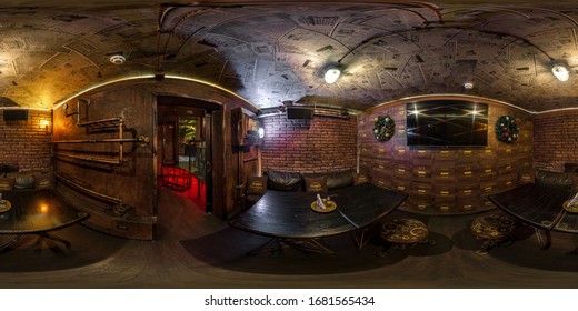 MINSK, BELARUS - MAY, 2018: full seamless hdri panorama 360 degrees angle view in interior of elite vip bar in steampunk style in equirectangular projection with zenith and nadir. VR AR content