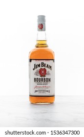Minsk, Belarus - May, 2019 Bottle of Jim Beam Bourbon isolated on white background. American brand of whiskey produced in Clermont, Kentucky