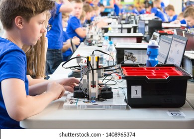 Minsk, Belarus. May, 2019. Boys And Girls Construct And Code Robots. Lego Mindstorms EV 3 Robot. STEM Education.   Robotics Class For Child And Teen. STEAM. Mathematics. Science. Technology. Art.