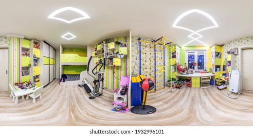 MINSK, BELARUS - MAY, 2019: Full Seamless Hdri Panorama 360 View In Apartment Interior In Bright Children Room With Bunk Bed And Children Exercise Equipment  In Equirectangular Projection.  VR Content