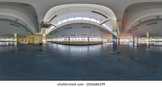 MINSK, BELARUS - MAY 2020: Empty room with panoramic windows, column mirror. full seamless spherical hdri panorama 360 in interior large room for office or sport complex in equirectangular projection.